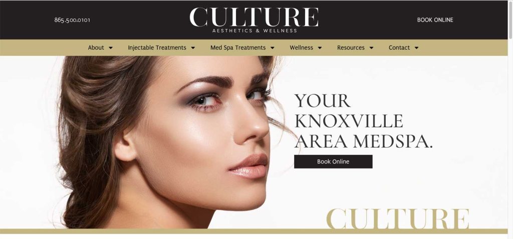 Screen grab of the home page for Culture Aesthetics and Wellness in Knoxville, Tennessee.